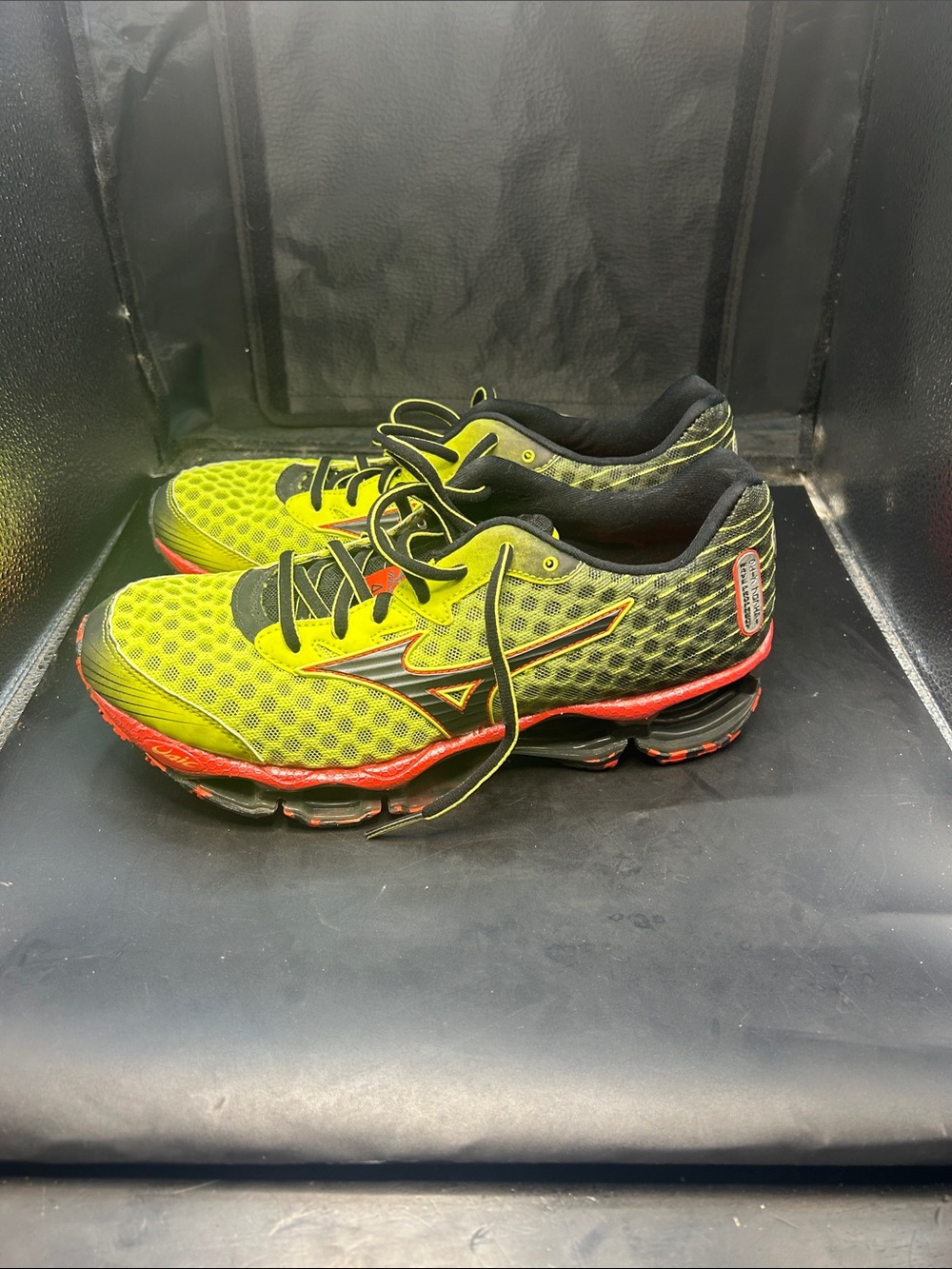 Mizuno Neon Yellow and Black Athletic Running Shoes with Red Accents